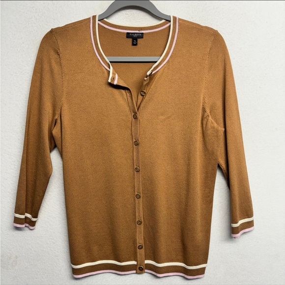 Talbots M P Petite Tan Cardigan Sweater 3/4 Sleeve Stripe Detail - Picture 1 of 6
